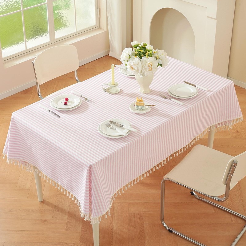 meioro Striped Tassel Table Cloth Square Kitchen Tablecloth, Pink, 90×90cm