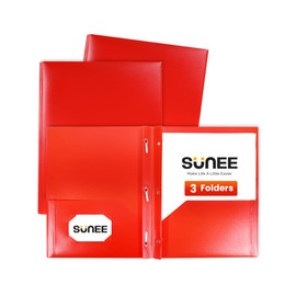SUNEE 2 Pocket Folders with Prongs (3 Pack, Red) Plastic Folders with Pockets and Prongs Fit Letter Size, Poly Folders with Pockets for School Office Home Business
