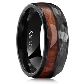 King Will 8mm Black Hammered Titanium Ring Inlaid Wood Hammered Domed Wedding Band for Men Matte Brushed Comfort Fit 10