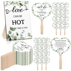 Anglechic 100 Pcs Wedding Fans for Guest and 1 PC Love is Hot Sign Wooden Wedding Table Sign Handheld Paper Heart Shape Fans with Wood Handle Bridal Shower Favor(Greenery)