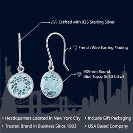 Gem Stone King 925 Sterling Silver Blue Topaz Dangle Earrings For Women (6.50 Cttw, Gemstone Birthstone, Round 9MM)