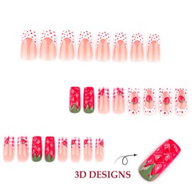 IMRAIN Long Press on Nails Square Fake Nails 3D Red Strawberry Designs Glossy Reusable Acrylic False Nails Full Cover Cute Gel Handmade Glue on Nails
