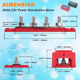 300A Heavy Duty Module Bus BAR 12V 24V 48V DC Power Distribution Block with 4 x 5/16" (M8) Battery Terminal Distribution Block - Buss Bar -Marine Bus Bar (Black & Red)