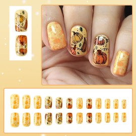 24Pcs Pumpkin Press on Nails Short Square Fake Nails Autumn False Nails Yellow Glitter Melon Design Glossy Glue on Nails Full Cover Acrylic Stick on Nail for Women Decor Holiday Manicure