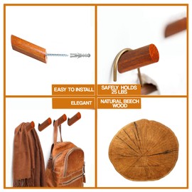 barilo Wood Wall Hooks, 4 Pack Hat Hooks for Wall | Coat Hooks Wall Mounted | Rustic, Decorative Wooden Wall Hangers | Wooden Pegs for Hanging Hat, Backpack, Coat, Purse, Bag, Robe