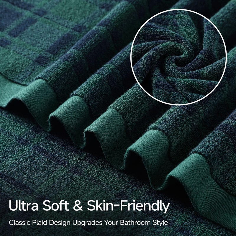 REDKISS 100% Cotton Hand Towels for Bathroom, Green Checkered Towel,