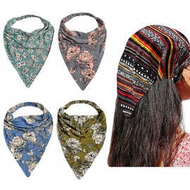 DINPREY Elastic Hair Scarf Headbands Hair Bandanas Scarf Wave Floral Head Kerchief Headbands for Women Girls (Flower 4 Pcs, Long)