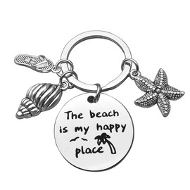 Vadaka Beach Lover Gift Keyring Beach Keychain The Beach is My Happy Place Keyring Stainless Steel Key Chain Birthday Christmas Graduation Gift for Women Girl Teens Beach Lover