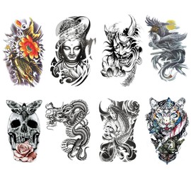 Hoperlo Tattoo Stickers, Large, Japanese Carved, Long Lasting, Waterproof, Stylish, Cool, Tattoo Stickers, Japanese Pattern, Suitable for Men, Women's, Arms, Shoulders, Legs, 5.9 x 8.3 inches (15 x 21