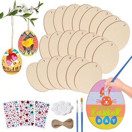 Easter Eggs Wooden Pendants, Pack of 50 Easter Eggs Painting, Easter Eggs Wooden Discs with Hole for Hanging, Easter Decoration Made of Wood, Easter Crafts, Easter Decoration and Spring Decoration