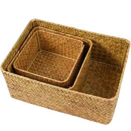 Wicker Baskets for Storage, Seagrass Woven Basket for Organizing,Handwoven Storage Bins for Home, Set of 3 Basket Organizer,Natural (Caramel)