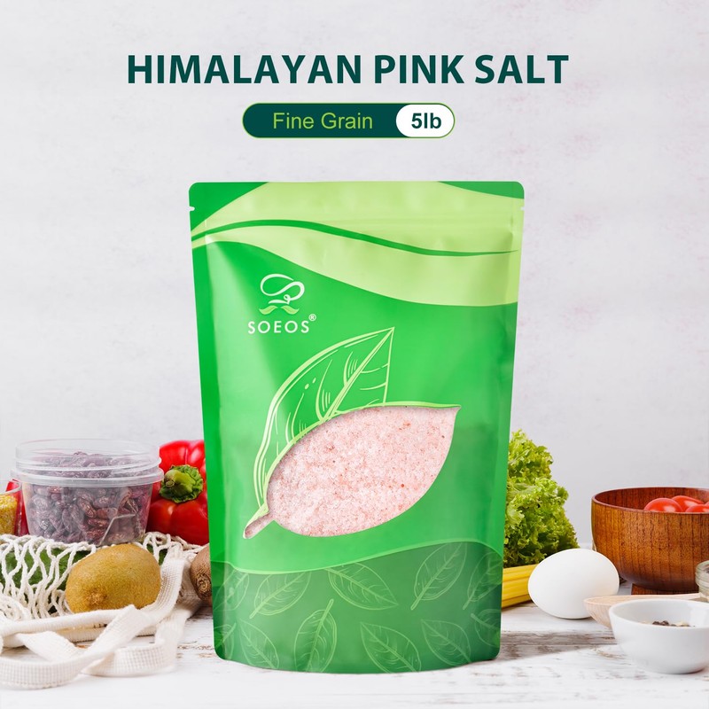 Soeos Himalayan Pink Salt, Fine Grain, 5 Lbs, Non-GMO, Pink
