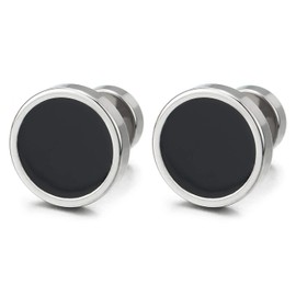Mens Women Steel Circle Stud Earrings with Black Enamel, Steel Fake Ear Plugs Gauges Tunnel