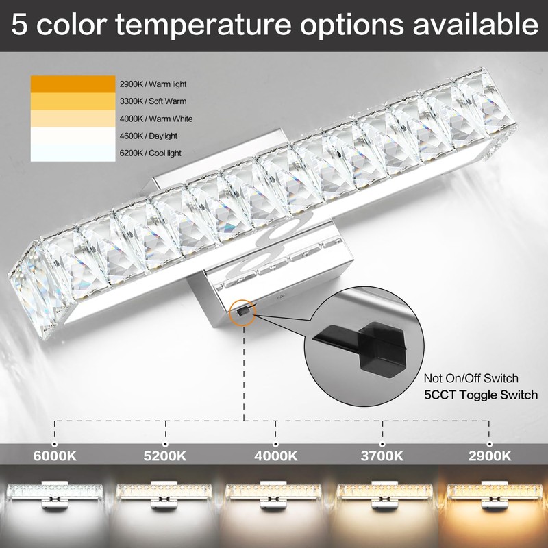 SOLFART Crystal Vanity Lights for Bathroom, 5 Color Adjustable Dimmable,16.5