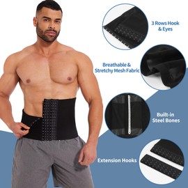 MISS MOLY Waist Trainer for Men Corset with Steel Bones Stomach Belt Waist Trimmer Belly Girdle for Fitness Body Shaper with Hooks Black 2XL