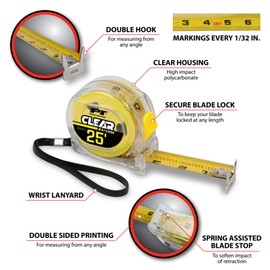 Performance Tool W5041 Clear Polycarbonate Tape Measure with Double Sided Hook, Belt Hook, and Wrist Strap, 25 ft