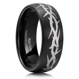 King Will Black Tungsten Carbide Wedding Band For Men, Thorn Pattern Design, 8mm Dome Matte Brushed Engagement Rings for Daily Wear and Activities, Comfort Fit Size 9
