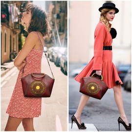 Genuine Leather Handbags for Women, Organizer Top Handle Satchel Vintage Embossing Totem Shoulder Bag Medium