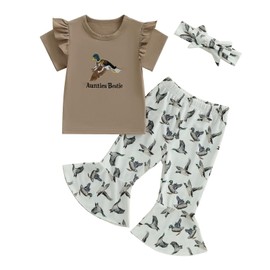 Ledy Champwiin Toddler Girl Floral Bell-bottom Outfits Tops and Flared Pants Baby Girl Clothes Set (#29 Coffee aunties bestie, 6-12 Months)