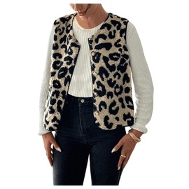 GORGLITTER Women's Leopard Sherpa Vest Fuzzy Vest Outerwear Trendy Fall Cheetah Fleece Sleeveless Old Money Coat Jacket Light Brown Large