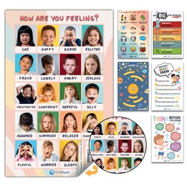 THINKPSYCH 6 Pack of Feelings Poster & Emotion Chart for Kids - Laminated - English & Spanish - Calm Down Corner Supplies - Social Emotional Posters - Teacher & Therapist Supplies