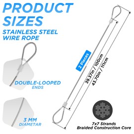 SDTC Tech 2-Pack 40IN 3mm Outdoor Travel Anti-Theft Cable, Heavy Duty Stainless Steel Braided Wire Rope Cables with Loop Ends for Pickture Display, Garden Lines, DIY Ligth Strings