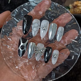 TENPAL Handmade Press on Nails Almond,Dark Sweet Cool Fake Nails with Metallic Designs 3D Butterfly,Reusable Soft Gel False Nails with Tools,Silver Black Nails for Party,10pcs Glue on Nails,Large Size