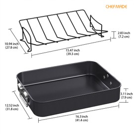 CHEFMADE Turkey Roasting Pan with V Rack, 16 Inch Deep Roasting Pan, Deep Lasagna Pan for BBQ Vegetbale and Meat 16" x 12.8" x 3" (Black)