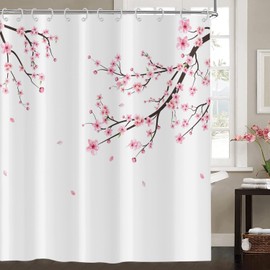 Hnmdmyi Shower Curtain, Cherry Blossoms, 120 x 200 cm, Pink Flowers Shower Curtains, Japanese Asian Style, Sakura Art Bath Curtain, Waterproof, Polyester Fabric, Washable Bath Curtain for Bathroom
