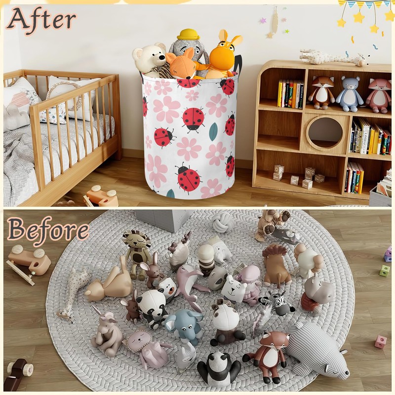 Cute Ladybug Laundry Hamper,Pink Flower Collapsible Laundry Basket with Handles