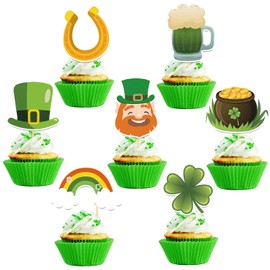 28 Pcs St Patrick's Day Cupcake Toppers, Four Leaf Clover Leprechaun Hat Horseshoe Shamrock Cupcake Toppers for St Patrick's Day Party Decorations (Mix)