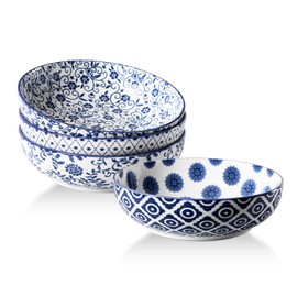 Cerkik Ceramic Large Pasta Bowls - 45 OZ Salad Bowls 8 inch Wide Serving Bowls for Soup Dessert Noodle Dinner Fruit Bowls - Microwave Dishwasher Safe - Set of 4 - Vintage Blue