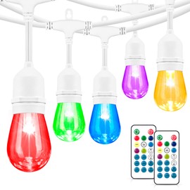 Mlambert 48FT Outdoor Patio Lights, 6 Lighting Modes RGB Cafe String Lights with 15 Dimmable LED Shatterproof Bulbs for Deck Porch Gazebo-White 1 Pack