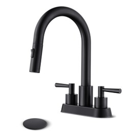 FELIXBATH Bathroom Sink Faucet with Pull Out Sprayer 2 Handles, Matte Black Pull Down Bathroom Faucet 3 Holes, 4 Inch Black Faucet Bathroom, 360 Degree Swivel Spout, Pop Up Drain Assembly Included