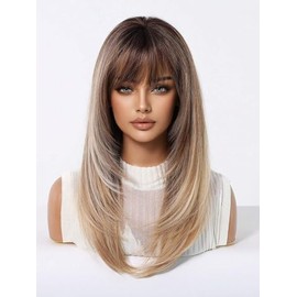 Peluca Sintética Elegant Blonde Wig 150% With Bangs Straight Layered Synthetic Hair Para mujeres