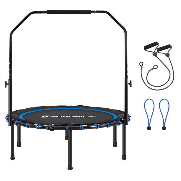 SONGMICS 40 Inches Mini Fitness Trampoline, Fitness Rebounder with Adjustable Handrail, Foldable Trampoline for At-Home Workout, Max. Load 264.6 lb, Blue and Black USTR040Q01