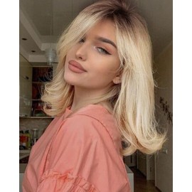 LEMEIZ Blonde Wigs with Fringes, Synthetic Hair Ombre Brown to Blonde Highlighted Wigs for Women, Realistic-Looking Blonde Wigs, 40.6 cm/16 inches LEMEIZ-163