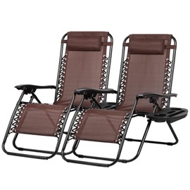 Nazhura Set of 2 Relaxing Recliners Patio Chairs Adjustable Steel Mesh Zero Gravity Lounge Chair Beach Chairs with Pillow and Cup Holder Khaki (Brown)