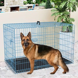 FDW Extra Large Dog Crate Dog Kennel Cage with Double Door,48 inch Folding Metal Wire Dog Cage with Removable Tray&Divider Panel,Pet Crate for Large Dogs,Blue