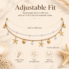 2Pcs Gold Starfish Waist Chain Bikini for Women, Layered Bohemian Body Chain with Shell Beads, Durable Elastic Cute Beachy Accessories for Summer Vacation Party