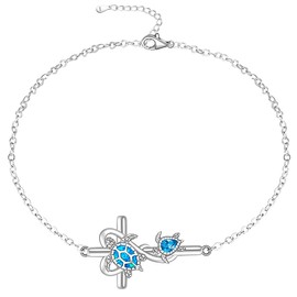 Turtle Anklet Blue Opal Sea Turtle Ankle Bracelet for Women Sterling Silver Cross Mother Daughter Turtles Anklets Jewelry Summer Gifts