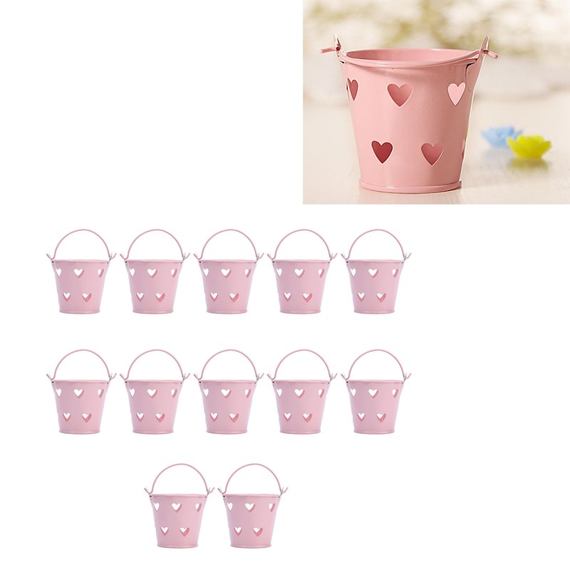 12pcs Mini Metal Bucket Hollow Heart Shaped Bucket with Handle