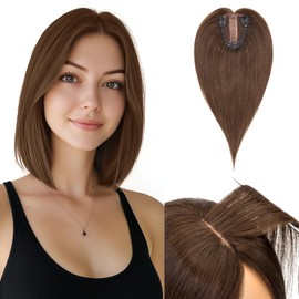 Hairro Real Human Hair Toppers, Clips in 100% Human Hairpieces for Women, 3.15"x3.94" Silk Base for Covering Thinning/Greyish Hair on Top, 10 Inch Classic Brown