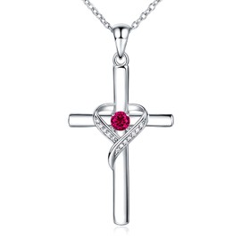 AmorAime 925 Sterling Silver Cross Necklace for Women Heart Necklaces for Mother for Festival, Vacation or Holiday (G.Dark Red-July-Ruby)