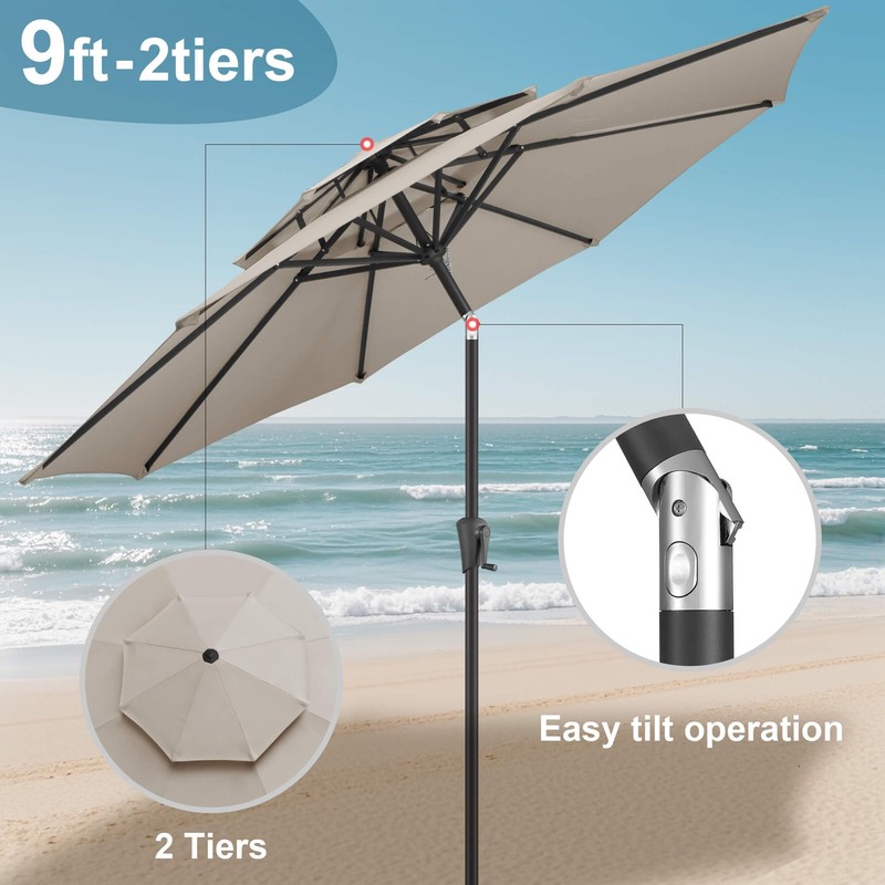FLAME&SHADE 9ft Patio Umbrella - 2 Tiers Outdoor Umbrella with
