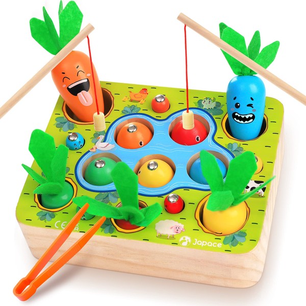 Japace Wooden Toy from 1 Year, Montessori Toy from 2 3 Years Carrot Harvest Fishing Game Baby Motor Skills Toy Sorting Game Wooden Learning Toy Magnetic Game Children Gift 1 2 3 Years Girls Boys