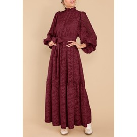 MITILLY Women's Floral Lace Long Puff Sleeve Ruffle High Neck A-Line Flowy Tiered Maxi Dress with Belt X-Large Wine Red