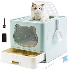 HelloMiao Fully Enclosed Cat Litter Box with Lid, Foldable Extra Large Cat Toilet, Drawer Type Litter Tray with Plastic Scoop, Suitable for Cats Under 17.6Ib(8kg)