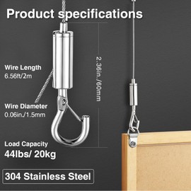 Mrosnail 4Pcs Adjustable Picture Hanging Wire Kit - 2m x 1.5mm Heavy Duty Stainless Steel Wire Rope with D Rings, Holds Up to 44lbs (20kg) - Versatile for Mirrors, Frames, Lamps & More