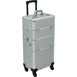 HIKER Makeup Rolling Case HK6501 2 in 1 Hair Stylist Orgainzer, 3 Slide and 1 Removable Tray, 4 Wheel Spinner, Locking with Mirror, Extra Lid and Shoulder Strap, Silver Matte